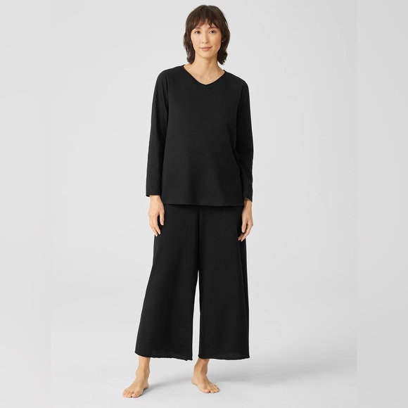 EILEEN FISHER L Slubby Organic Cotton Wide-Leg Sleep Pant in Black Pajama Pants - Picture 12 of 13
